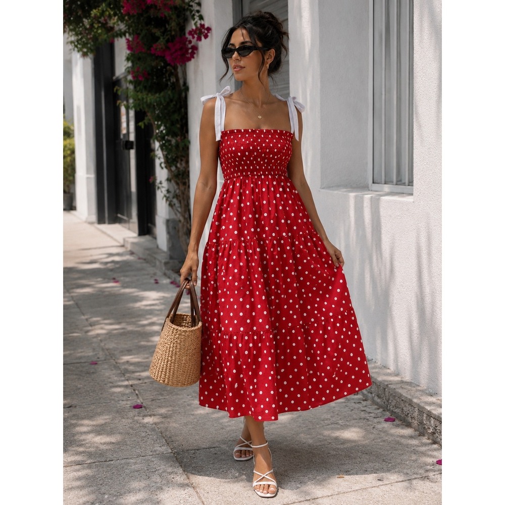 En Saison Polka Dot Dress Women's Size L Red Excellent Smocked Tie Strap Midi